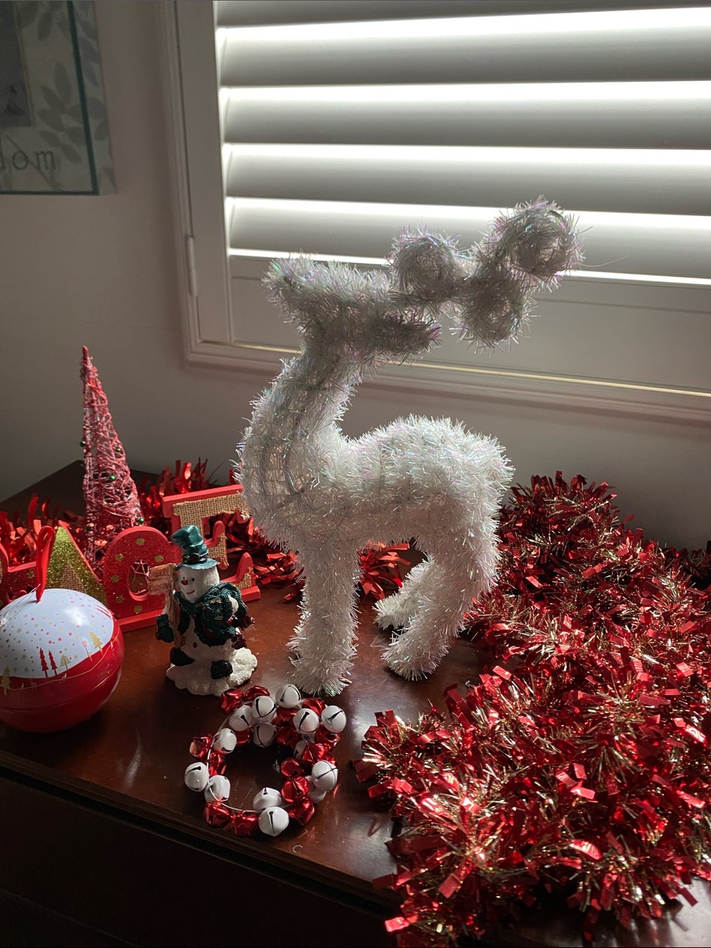 Holiday White Tinsel reindeer, red tinsel Decorations festivities